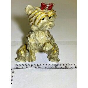 Scottie Yorky Puppy Trinket Box Vintage, Frosted Tan Enamel Gold Tone Red Bow